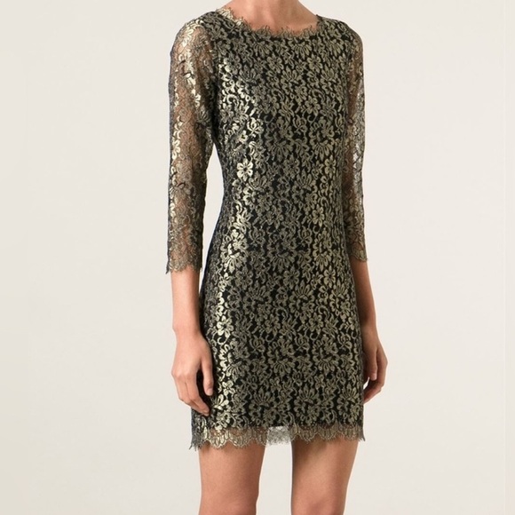 Diane von Furstenberg wrap dress lace shimmer gold green black size 0 Diane von Furstenberg wrap dress lace shimmer gold green black size 0